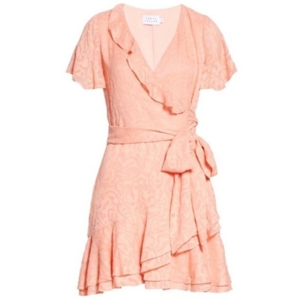 Tanya Taylor Bianka li Women Pink Salmo Floral Jacquard Ruffle Wrap Dress Size 2